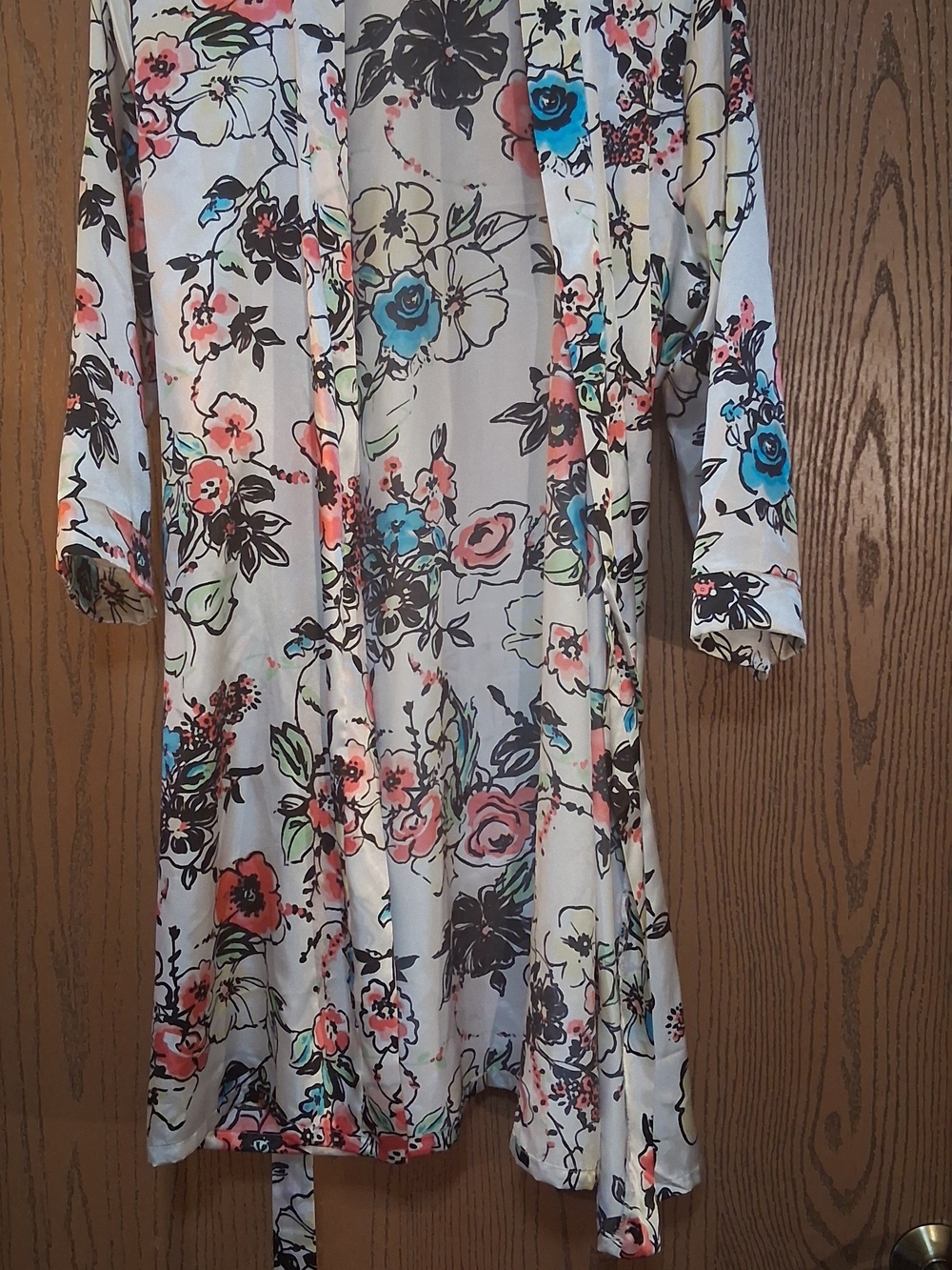 George White Floral Open-Front Robe with Coral & Teal Flowers S 260972